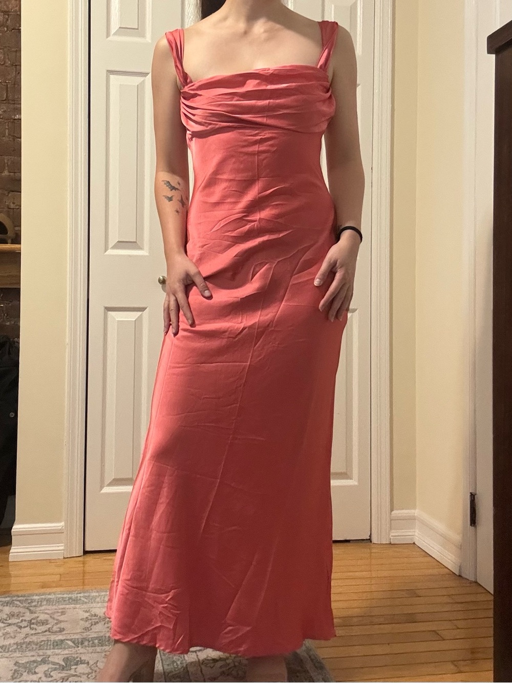 Beginning Boutique Coral Maxi Dress with Draped Bodice